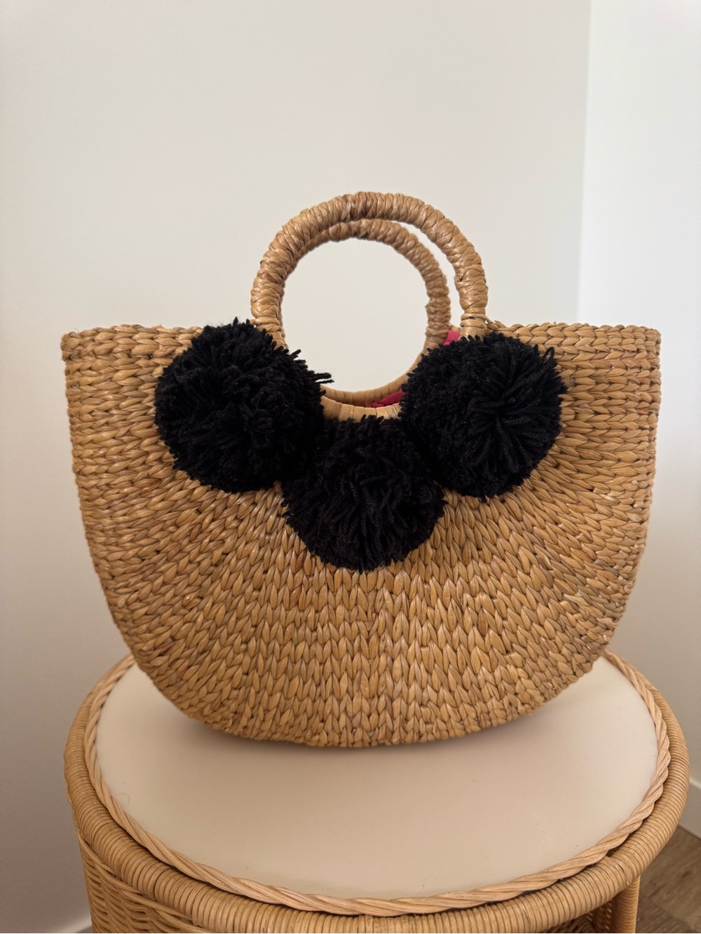 JADEtribe Handmade Straw Tote with Black Pom-Pom Accents Lined with Pink Fabric